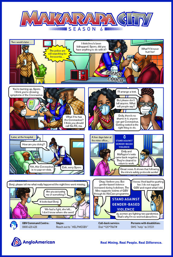 Makarapa City Safety Comic Season 6 — illustrated comic strip panel produced by Jincom for Anglo American