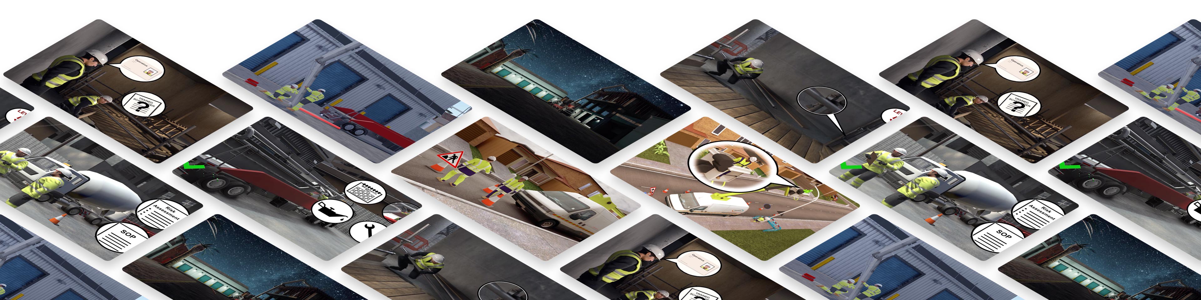 Isometric grid of 3D animation stills showing workers in hazardous construction scenarios from Jincom Lessons Learnt Animations