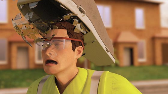 Close-up 3D animation still of a construction worker struck by falling debris, illustrating an incident recreation